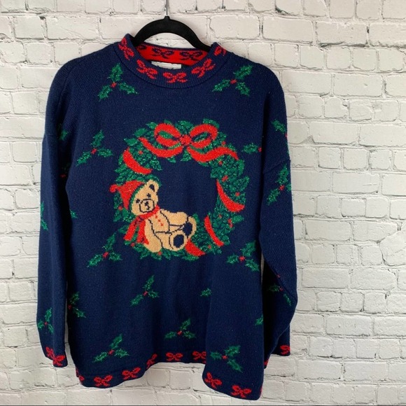 Private Eyes Sweaters - Private Eyes Christmas Sweater Teddy Bear & Holly